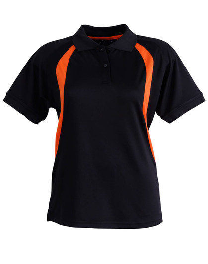 A black polo shirt with orange accents and a collar, featuring a logo on the chest.