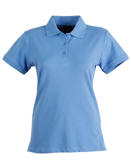 A light blue ladies' polo shirt with a collar and three buttons, featuring a logo on the chest.