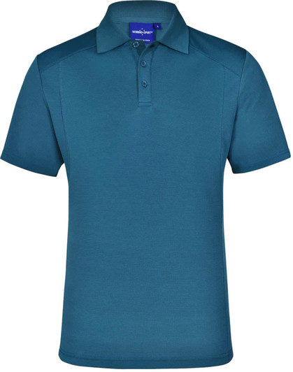 A teal men's polo shirt with a collar and three buttons, featuring shoulder panels and a logo.