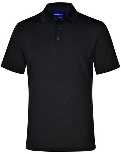 A black polo shirt with a buttoned collar and short sleeves, featuring a logo on the chest.