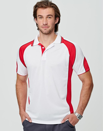 A men's polo shirt in white with red accents, featuring a collar and logo branding.