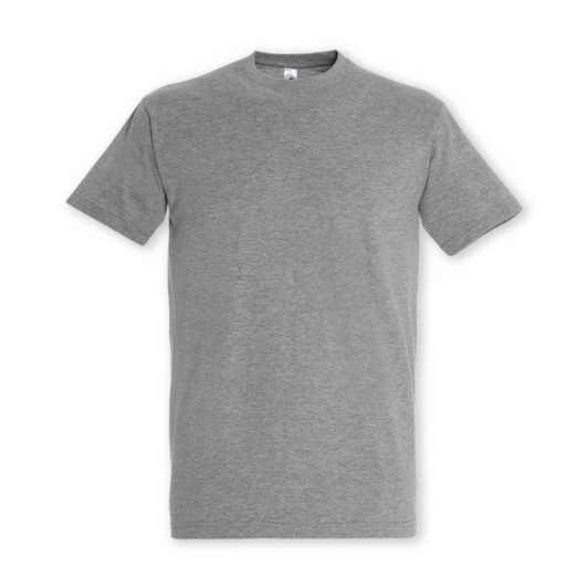 A grey SOLS Imperial Adult T-Shirt with short sleeves and a crew neck, featuring a logo.