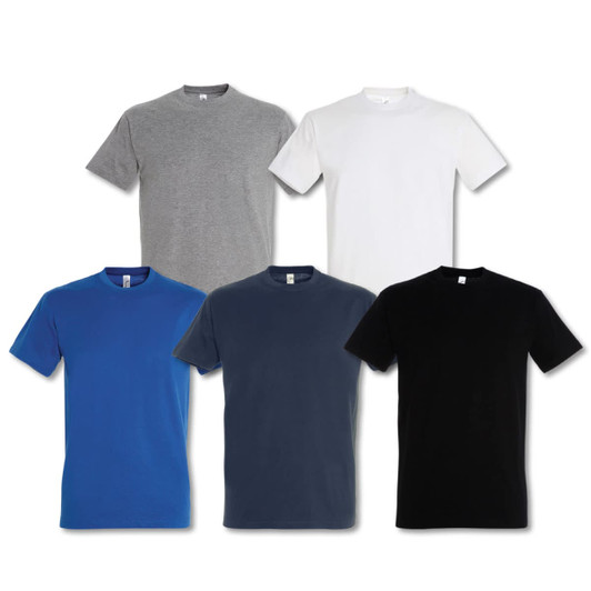 A collection of five SOLS Imperial Adult T-Shirts in grey, white, blue, navy, and black. Each shirt has a logo.