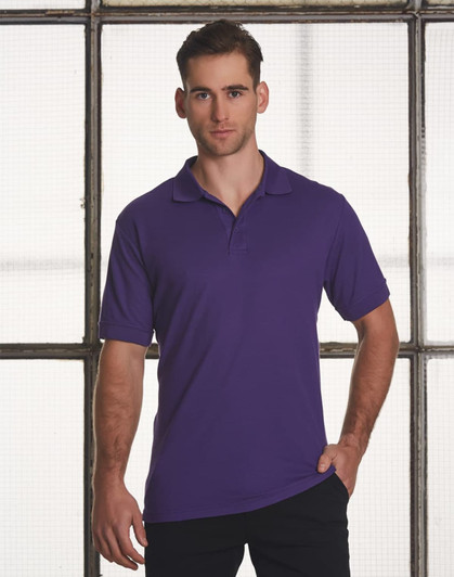 A purple men's polo shirt featuring short sleeves and a collar. The shirt has a logo on it.