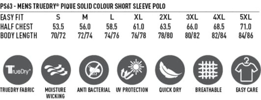 A detailed size chart for a men's polo shirt, featuring measurements for different sizes and fabric benefits.
