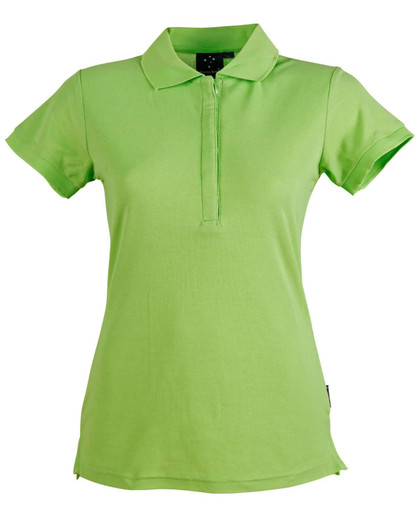 A green ladies' polo shirt with a zip collar and short sleeves, featuring a logo on the front.