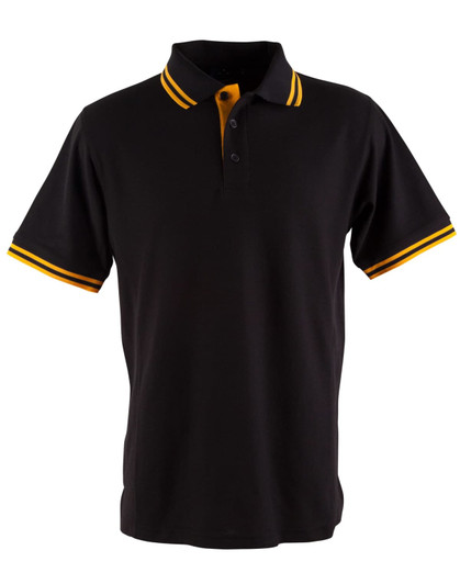 A black polo shirt with yellow striped detailing on the collar and sleeves, featuring a logo.