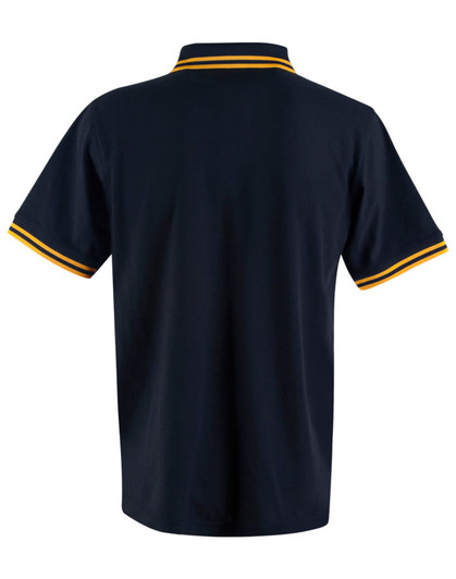 A navy polo shirt with yellow and gold striped detailing on the collar and sleeves, featuring a logo.