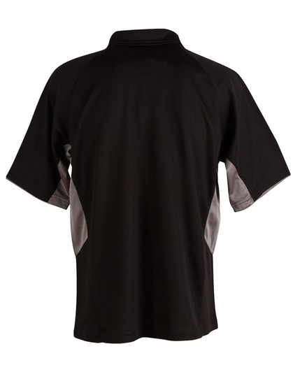 A black polo shirt with grey accents, featuring a collar and short sleeves, displaying a logo.