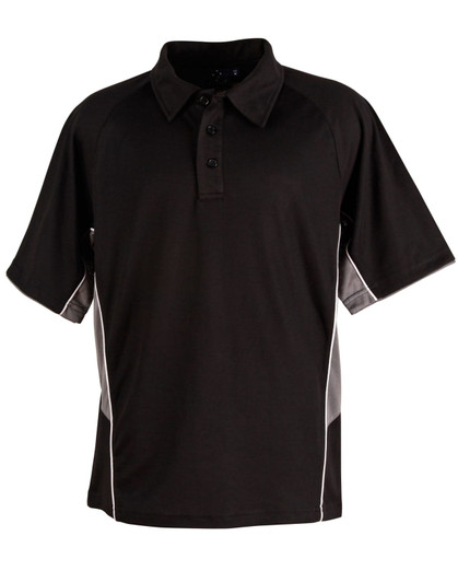 A black polo shirt with short sleeves, featuring a collar and contrasting side panels, includes a logo.