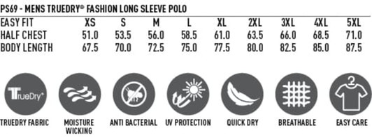 A detailed product chart for the Men's TrueDry Long Sleeve Polo, highlighting sizes and features.