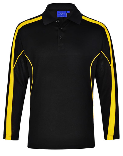 A black long sleeve polo shirt with yellow side stripes and a collar. It features a logo on the chest.