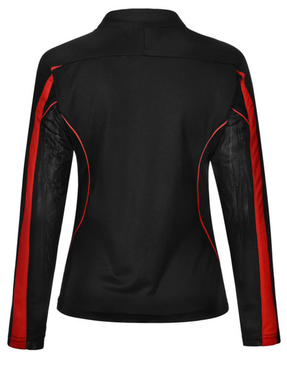 A black long sleeve polo shirt featuring red accents and mesh detailing, with a small logo.