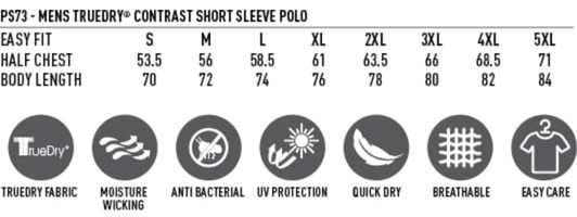 A short sleeve polo shirt in various sizes, featuring a contrast design and logo, with easy care and quick-dry properties.