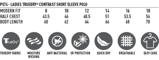 A promotional product featuring sizing details for a Ladies' TrueDry Contrast Short Sleeve Polo, highlighting various features.