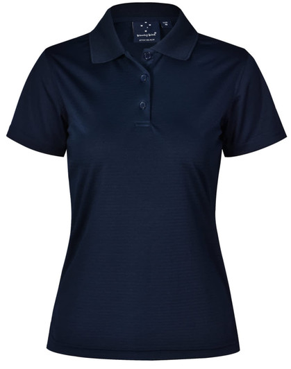 A navy textured polo shirt for ladies featuring a collar, three buttons, and a logo.