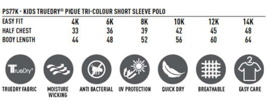 A tri-colour short sleeve polo shirt for kids in various sizes, featuring a logo and made from breathable TrueDry fabric.