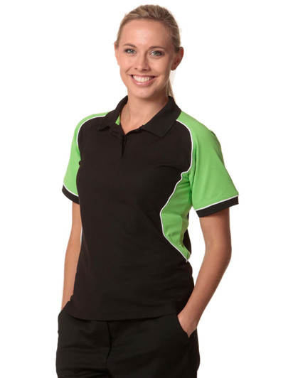 A black polo shirt with green accents and a logo, featuring short sleeves and a modern design.
