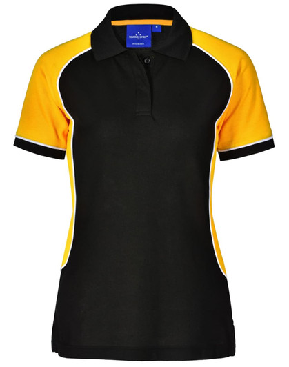 A black and yellow ladies' polo shirt with short sleeves and a collar, featuring a logo.