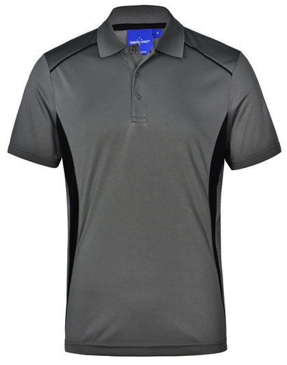 A grey men's polo shirt with contrast black panels and a logo on the chest. Short sleeves and a classic collar design.