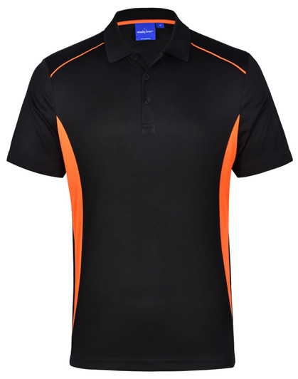 A black polo shirt with orange contrast detailing and a logo on the chest. Short sleeves and a collar are visible.