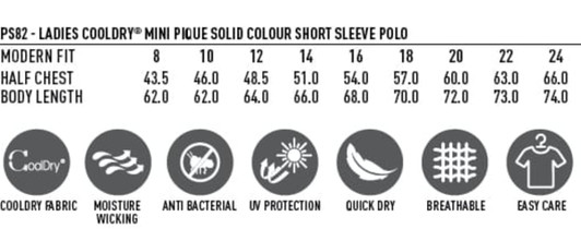 A chart detailing sizes and features of the Ladies' Cooldry Pique Solid Colour Short Sleeve Polo. Includes measurements and fabric properties.