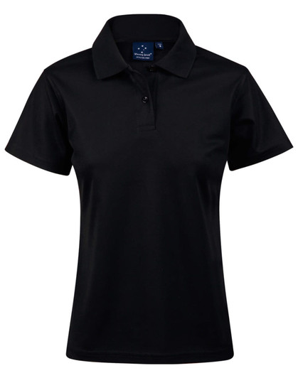Black ladies' short-sleeve polo shirt with a classic collar and branded label. 