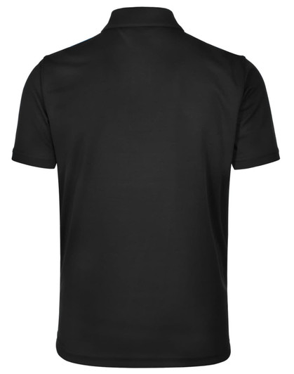 A men's rapid cool short sleeve polo shirt in black, featuring a branding logo on the back.