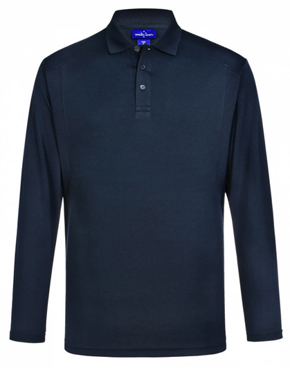 A navy long-sleeve polo shirt featuring a collar and buttons, with a logo on the chest.
