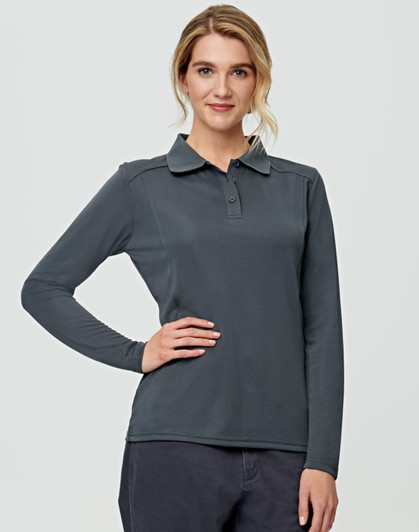 A long-sleeved polo shirt in dark grey, featuring a collar and button detail, with a logo on the chest.