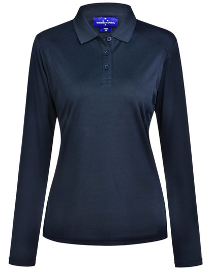A long-sleeved polo shirt in dark navy with a collar and button placket, featuring a logo on the chest.