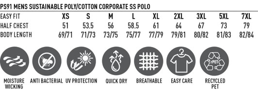 A grid displaying sizing measurements for a men's sustainable poly/cotton corporate short sleeve polo, featuring various icons.