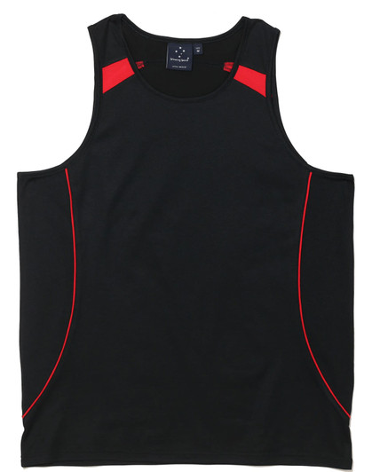 A black singlet with red accents and a tag, featuring a logo. Suitable for casual wear or sports.