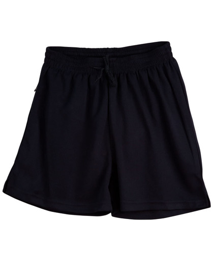 Black kids' sports shorts with an elastic waistband and drawstring, featuring a logo.