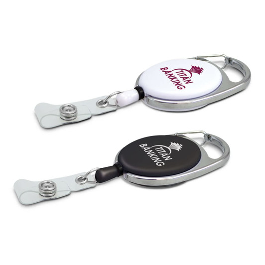 A retractable ID holder in white and black, featuring a carabiner clip and a logo.