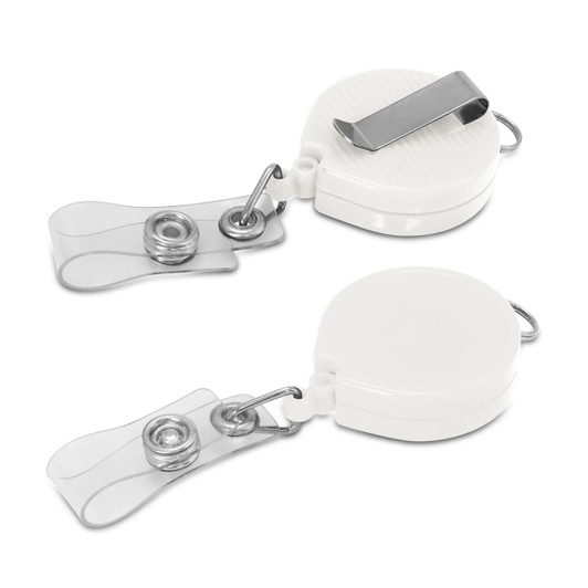 A white retractable ID holder with a metal clip and attached transparent badge reels.