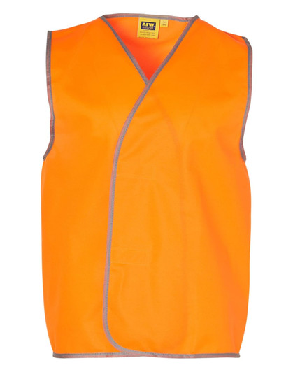 An orange Hi-Vis safety vest with grey detailing and a wrap design, featuring a logo on the label.