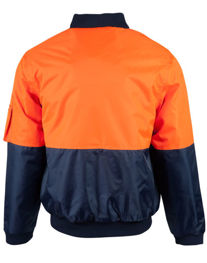 A hi-vis two-tone flying jacket featuring an orange top and dark navy bottom. The jacket has a collar and a sleeve pocket.