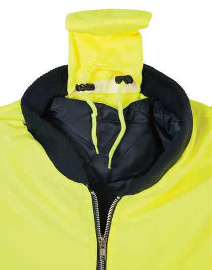 A bright yellow hi-vis flying jacket with a black collar and a concealed hood, featuring a zipper and drawstring.