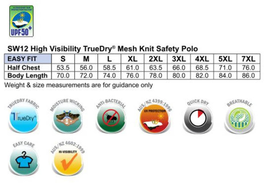A high-visibility safety polo in yellow, made from TrueDry mesh fabric, featuring a logo and size measurements.