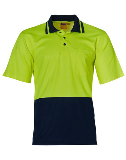 A bright yellow and navy short-sleeved safety polo shirt with a pocket and a logo.