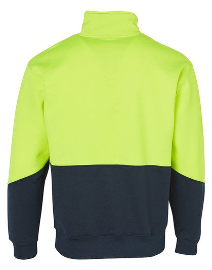 A two-toned long-sleeve windcheater collar in high visibility yellow and navy blue with a logo.