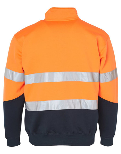 A long-sleeve, high-visibility fleece jumper in orange and navy, featuring silver reflective stripes and a collar.