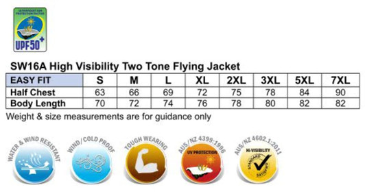 A high visibility two-tone flying jacket in vibrant colours, featuring a logo and size measurement chart.