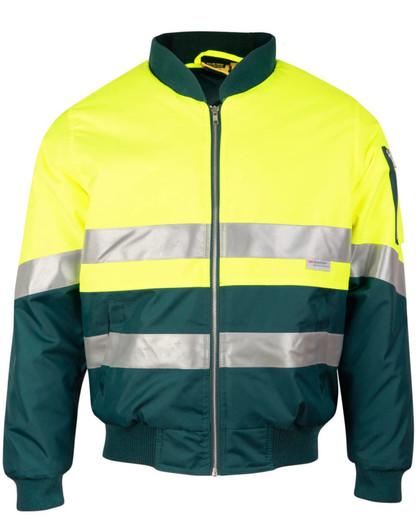 A high-visibility two-tone flying jacket in yellow and dark green, featuring reflective 3M tapes and a zippered front.