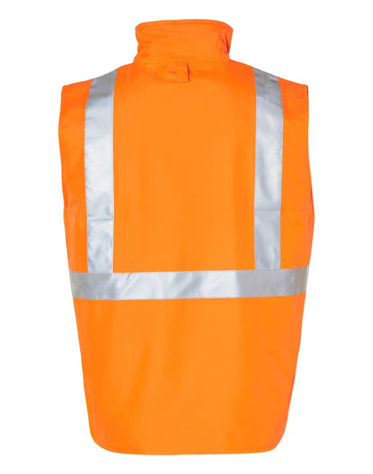 A bright orange reversible safety vest featuring reflective silver hoop patterns and a collar.