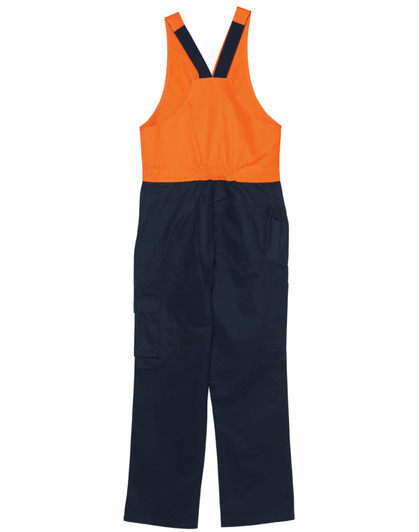 A two-tone cotton drill overall in orange and navy blue, featuring adjustable straps and multiple pockets.