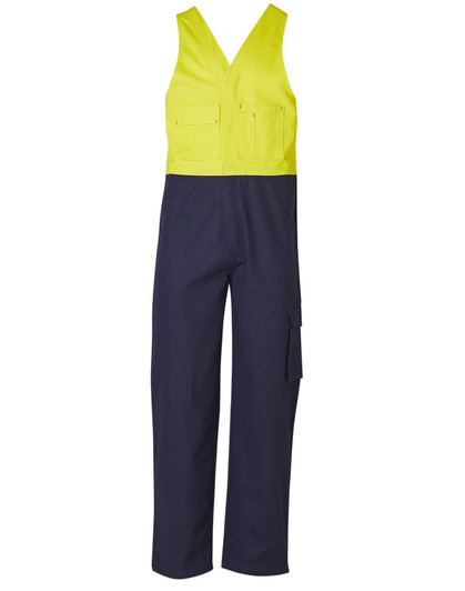 Two-tone men's cotton drill overall featuring a yellow top and navy bottom, with multiple pockets and a logo.