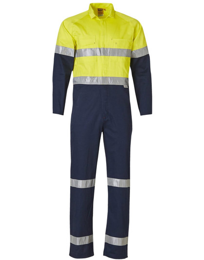 A high-visibility men's lightweight cotton coverall in yellow and navy, featuring reflective 3M tape.