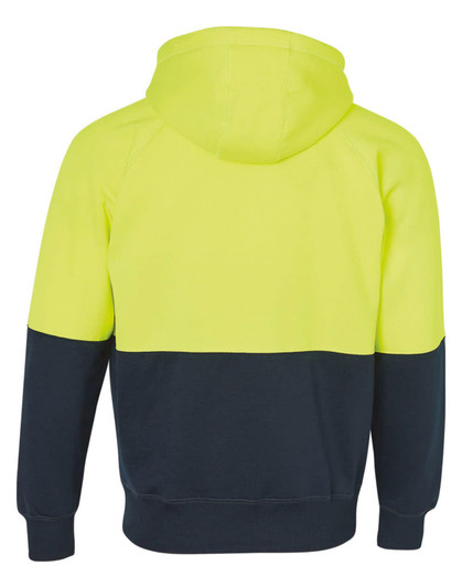A two-tone hooded fleece jacket featuring a high visibility yellow upper and a navy lower section, with a hood at the back.